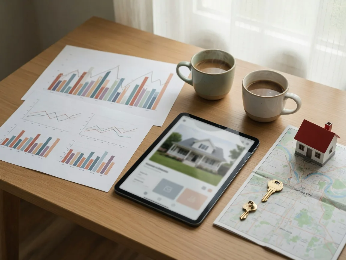 Real estate consultation desk with market data charts, a tablet, coffee, house keys, and a Kansas City map in soft daylight