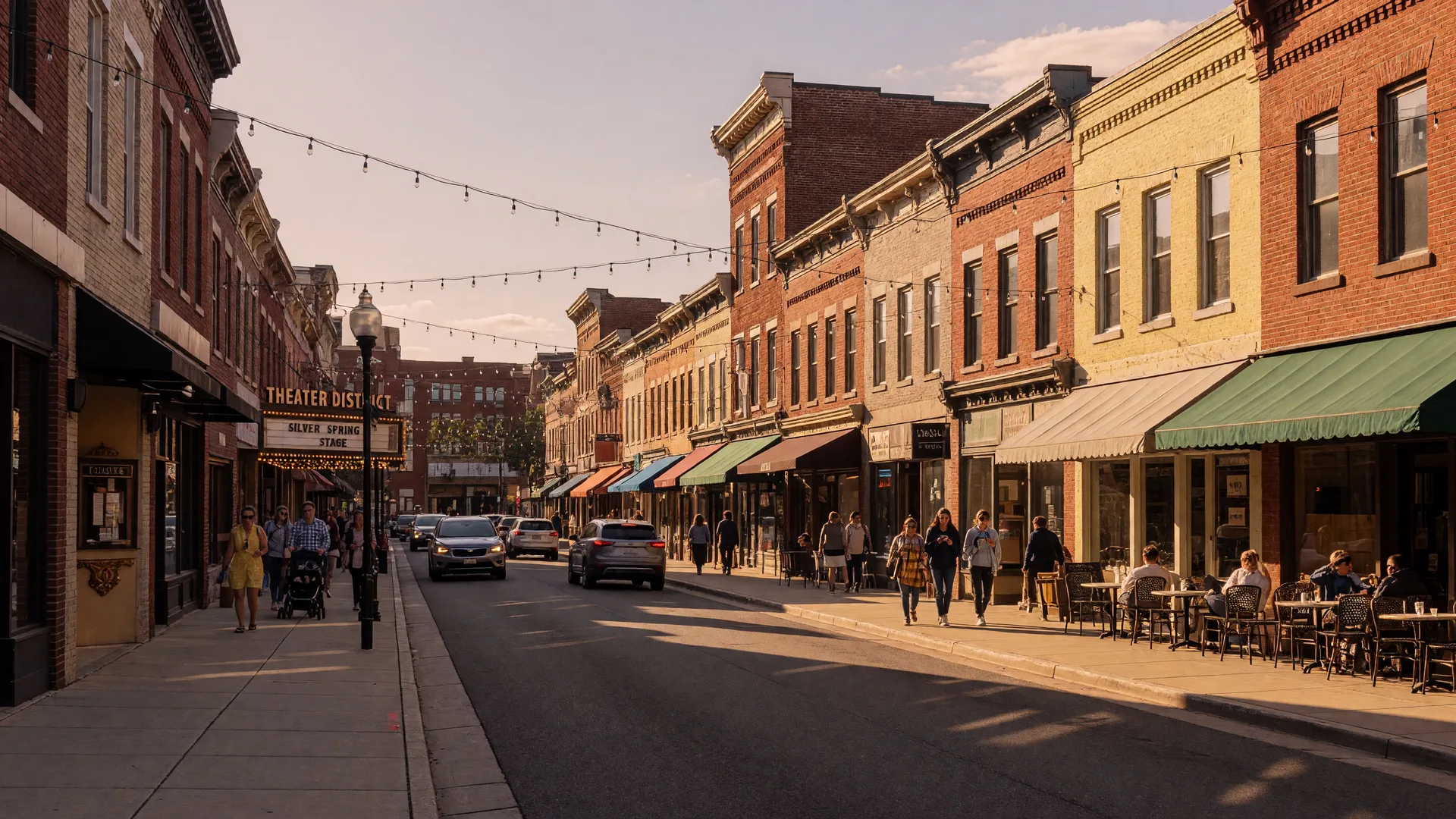 Downtown Silver Spring storefronts and cafe tables along a pedestrian-friendly street