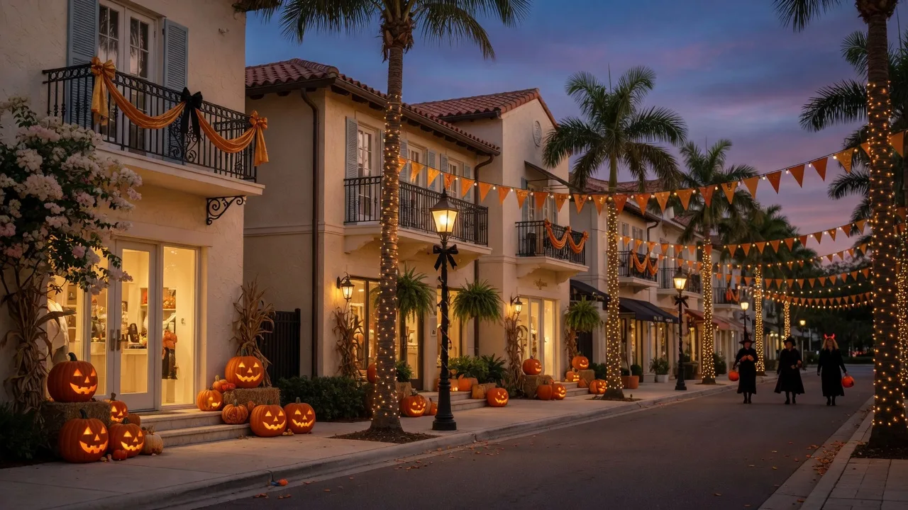 Halloween evening on a downtown Naples shopping street with palm trees wrapped in string lights, jack-o'-lanterns on Mediterranean storefront doorsteps, and orange bunting