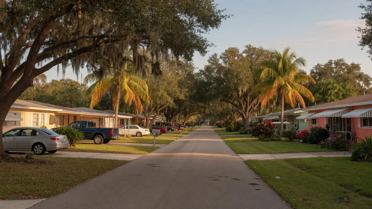 A quiet West Bradenton residential street at golden hour, with mid-century ranch homes, live oaks draped in Spanish moss, and palm trees