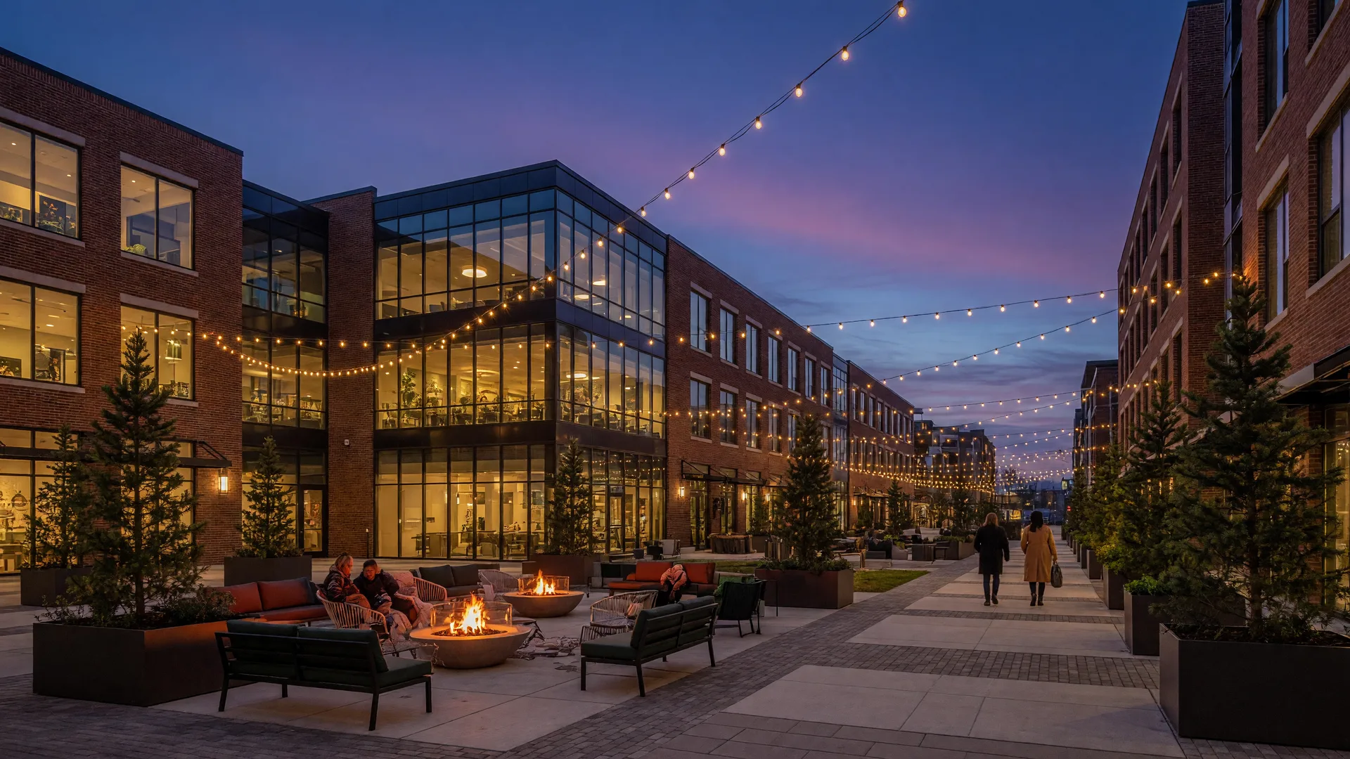 A modern town center plaza with string lights and fire pits glowing at dusk in King of Prussia