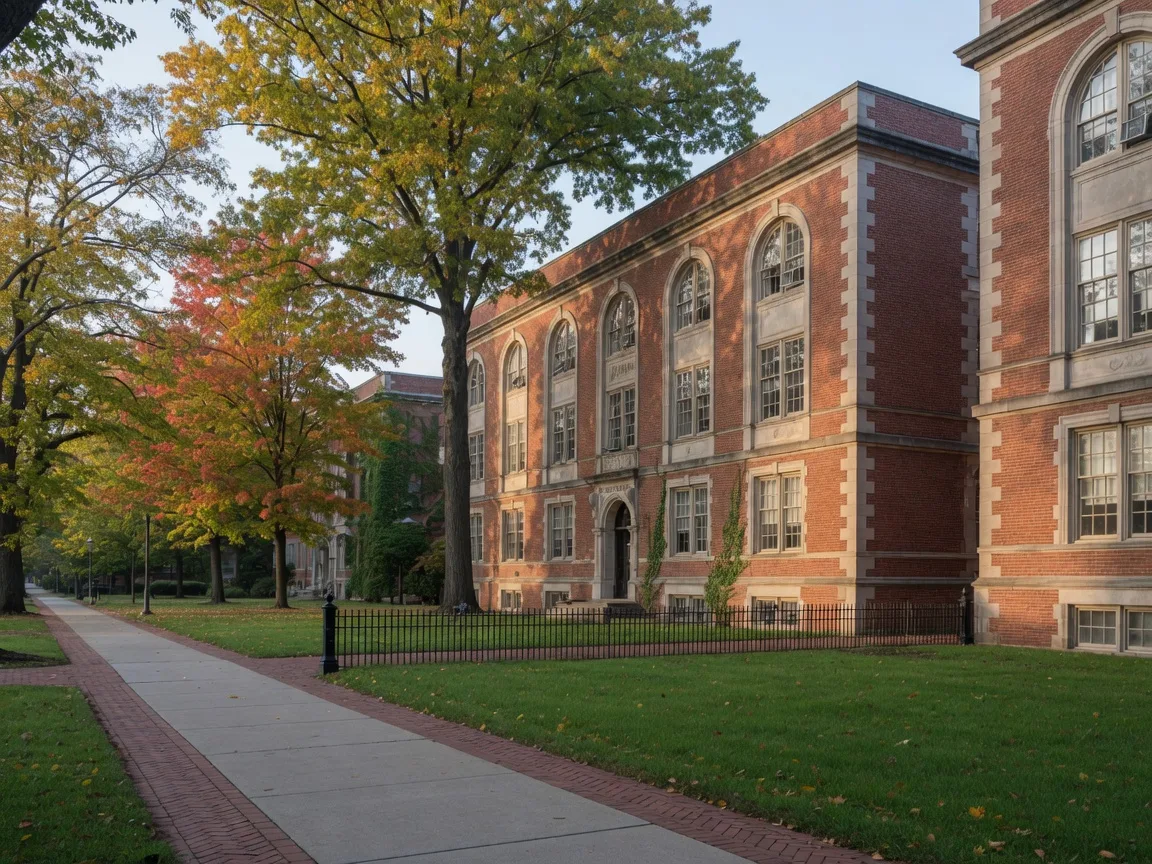 Yale's Science Hill on Prospect Street in New Haven, red-brick laboratory buildings among trees with autumn leaves just beginning to turn