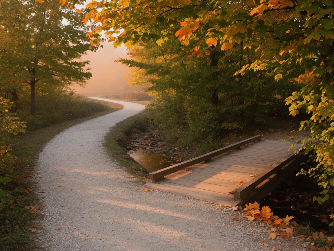 Winding hiking trail through maples beginning to turn gold in a Northeast Ohio park in late September