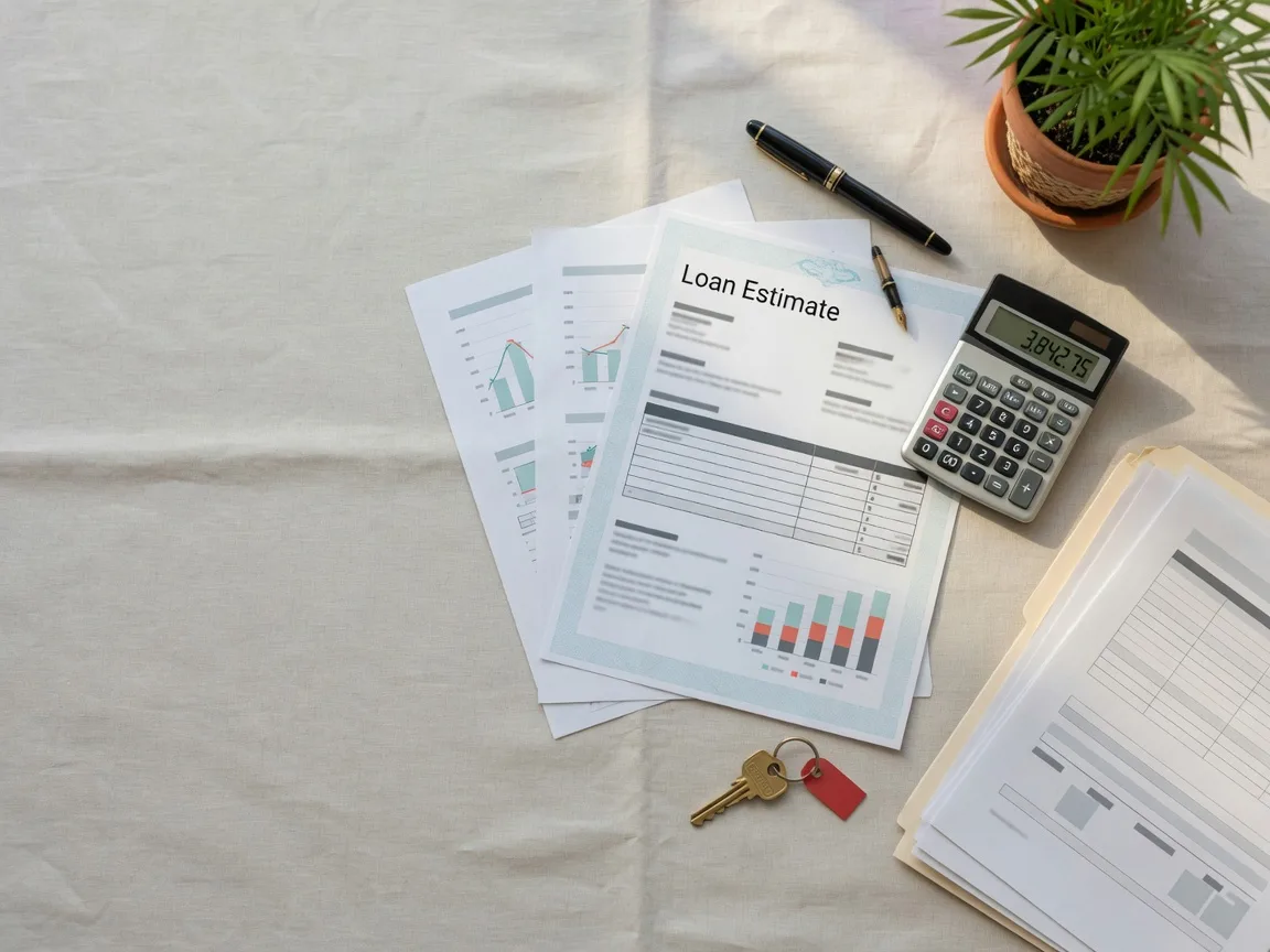 Flat lay of a Loan Estimate document, calculator, fountain pen, and house key on a desk, representing the closing costs a Florida buyer pays