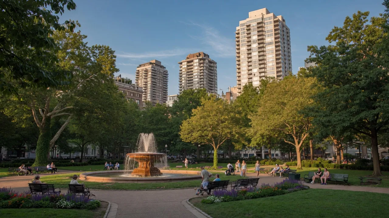 Rittenhouse Square park with fountain, luxury high-rises, and pedestrians in Philadelphia on a sunny afternoon