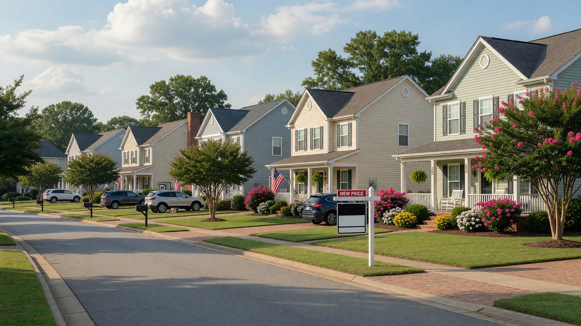 Well-maintained single-family homes for sale in a Virginia Beach neighborhood with manicured lawns and mature trees on a sunny day