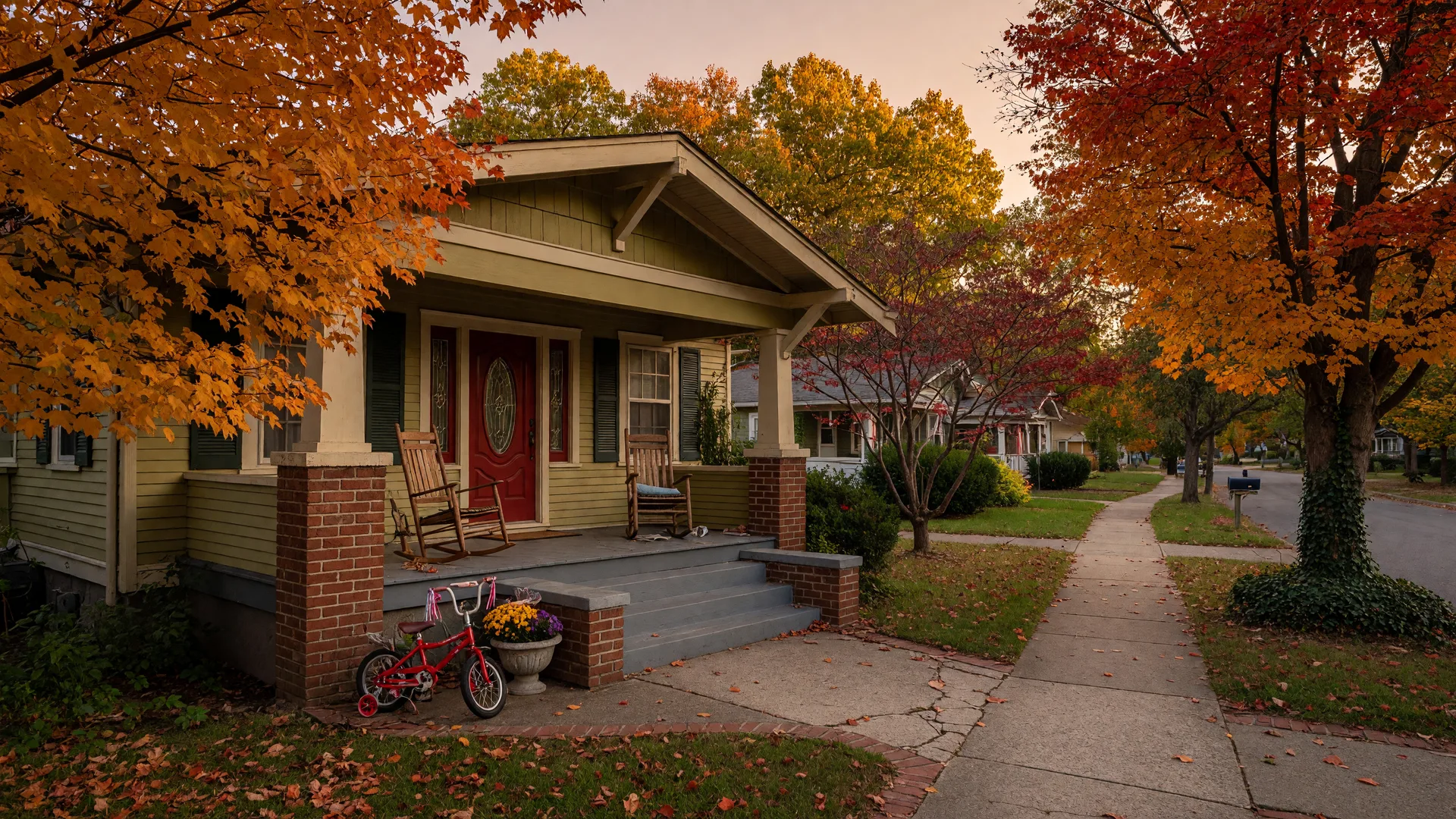 A welcoming single-level craftsman home with rocking chairs on the porch in a tree-lined Virginia neighborhood in autumn