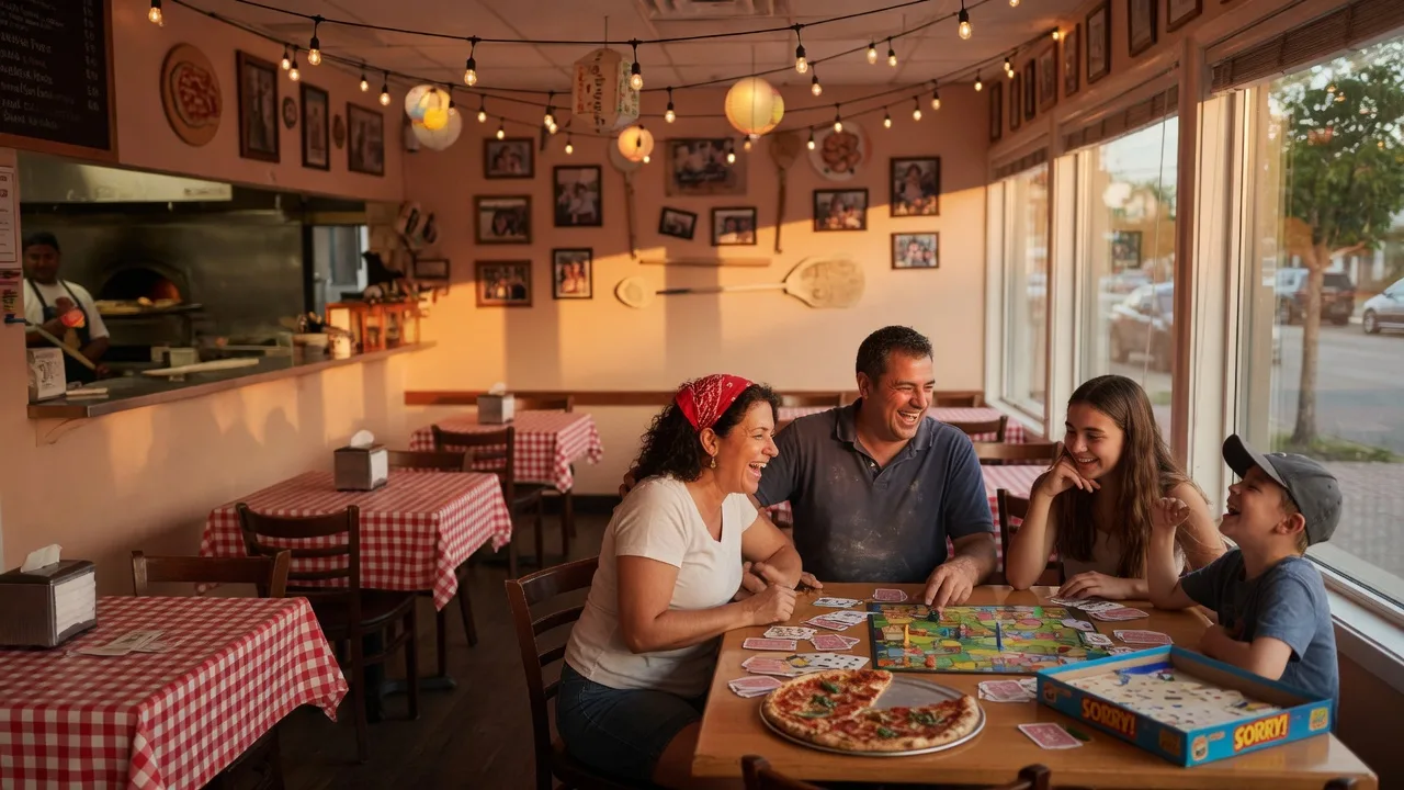 Cozy family pizza restaurant with board games on checkered tablecloths and families laughing together