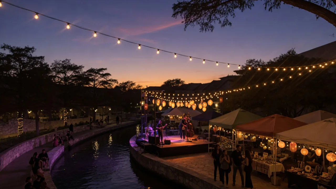 Dusk plaza event on the San Antonio River Walk with string lights and market stalls