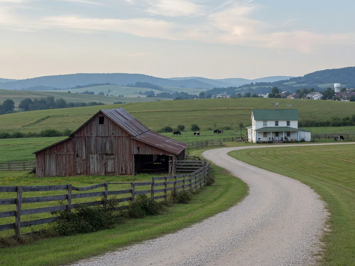 Rolling farmland with a tobacco barn and split-rail fence on the outskirts of Smiths Grove