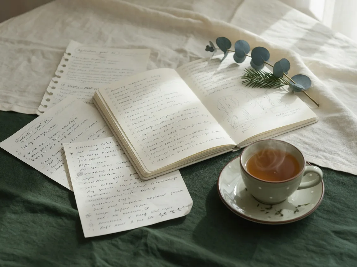 Handwritten health notes, an open journal and a cup of tea on folded linen