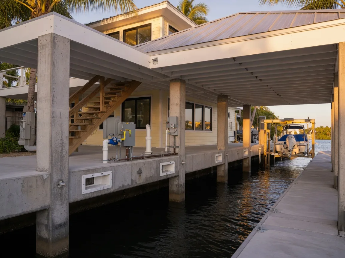 A raised Florida Keys waterfront home seen from beneath its elevated concrete deck at golden hour, tall concrete pilings with clean flood vents and utility risers above the high-water line, a standing-seam metal roof and impact glass above, a private dock and boat lift on a deep-water canal