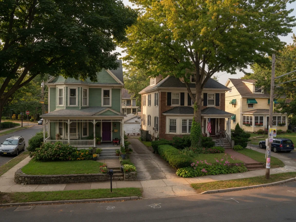 Tree-lined residential street in Montclair NJ's Fourth Ward near Bloomfield Avenue with historic homes and mature trees