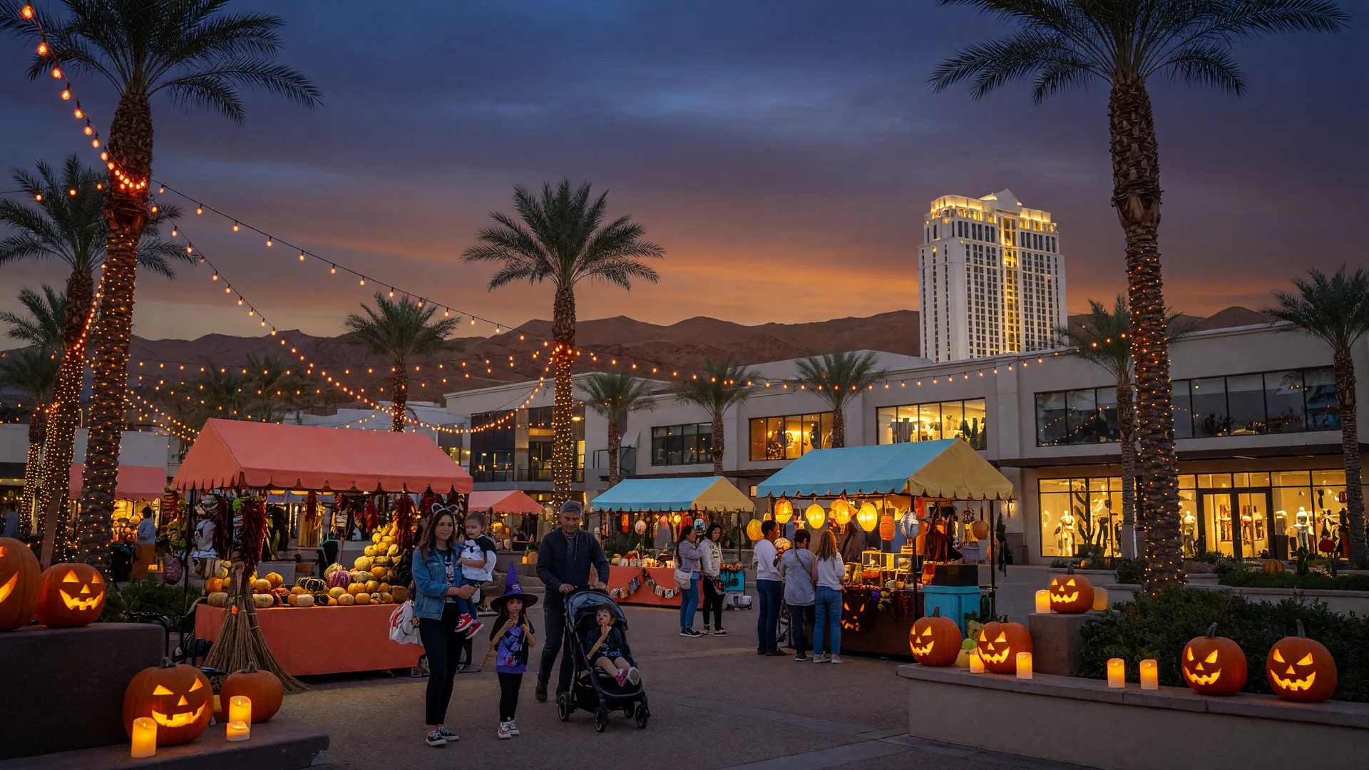 Late-October evening at a Southwest Las Vegas plaza with glowing carved pumpkins, string lights between palm trees, market stalls, and a resort tower on the horizon