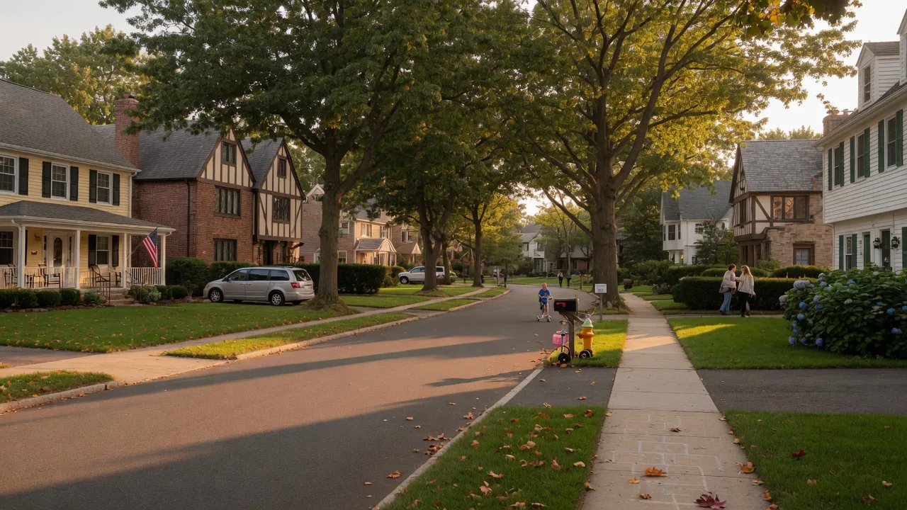 Peaceful tree-lined suburban street in Essex County NJ at golden hour with classic homes and early signs of fall