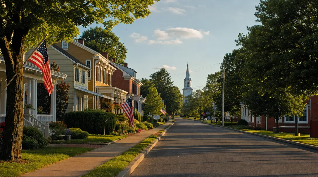 Quiet village street in North Fairfield, Ohio with historic homes, American flags, and a church steeple on a sunny summer afternoon
