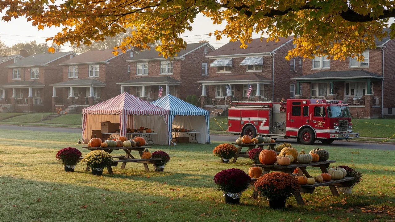 An October-morning festival setup in a North Catasauqua neighborhood park with tables of pumpkins and mums, striped craft tents, and brick twin homes beyond