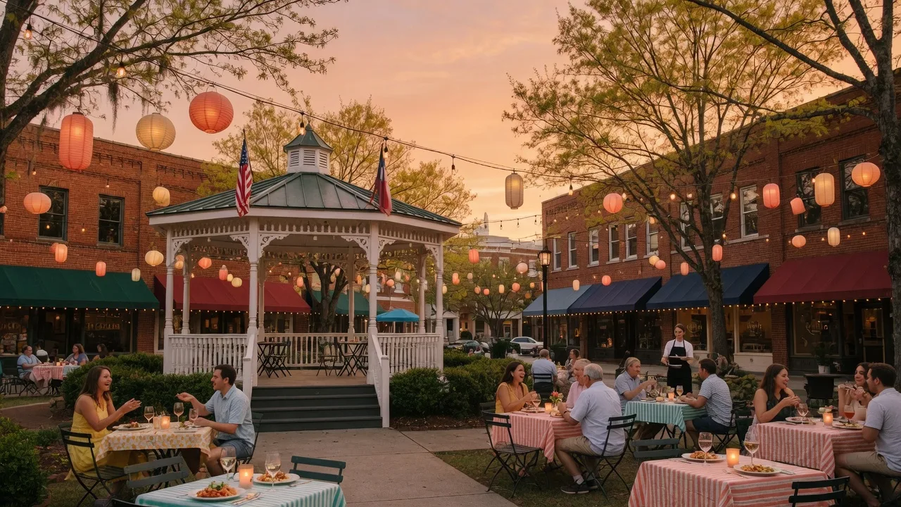 Marietta Square's Glover Park at golden hour with outdoor patio dining, string lights, and historic brick storefronts