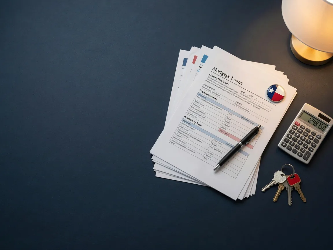 A dark navy desk with mortgage loan documents, a pen, a calculator and house keys, ready for a Texas closing