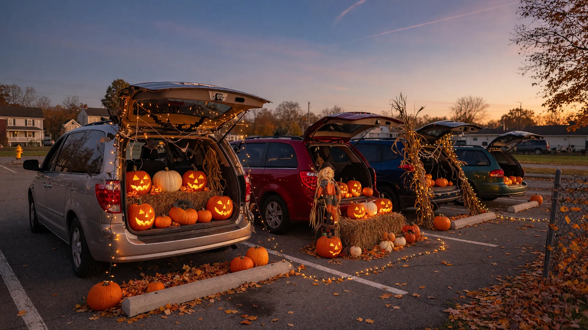 Open car trunks decorated for Halloween with glowing jack-o-lanterns, pumpkins, hay bales and warm string lights in a parking lot at dusk