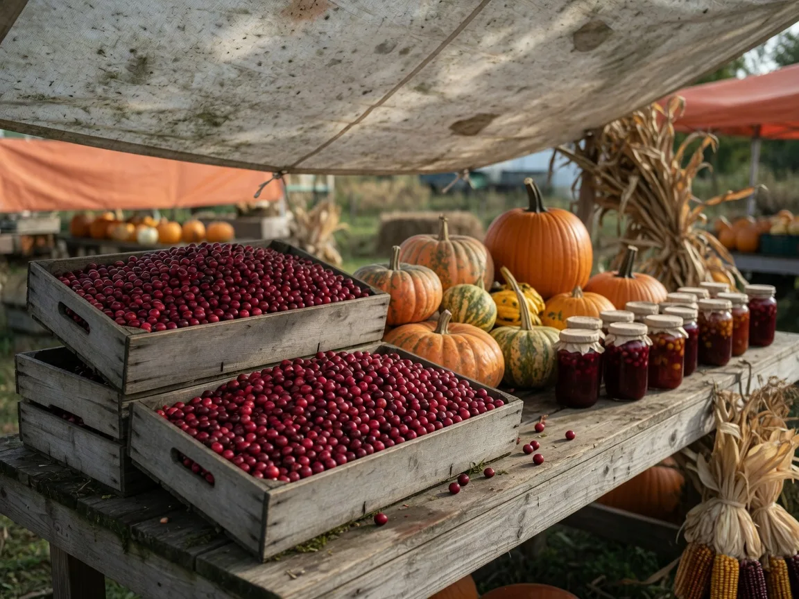 Glossy red cranberries in shallow wooden crates beside pumpkins, gourds and jars of preserves at a harvest festival farm stand