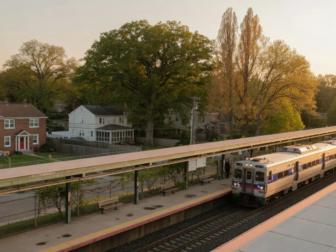 Crum Lynne SEPTA Regional Rail station with a train arriving at golden hour, surrounded by mature trees and suburban homes in Ridley Township