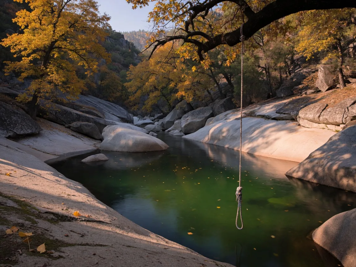A free swimming hole on the Merced River in the Sierra foothills east of Mariposa on a late-October afternoon, a calm green-tinted pool between granite boulders, a rope swing over a sun-warmed rock ledge, and golden cottonwoods and black oaks along the canyon walls