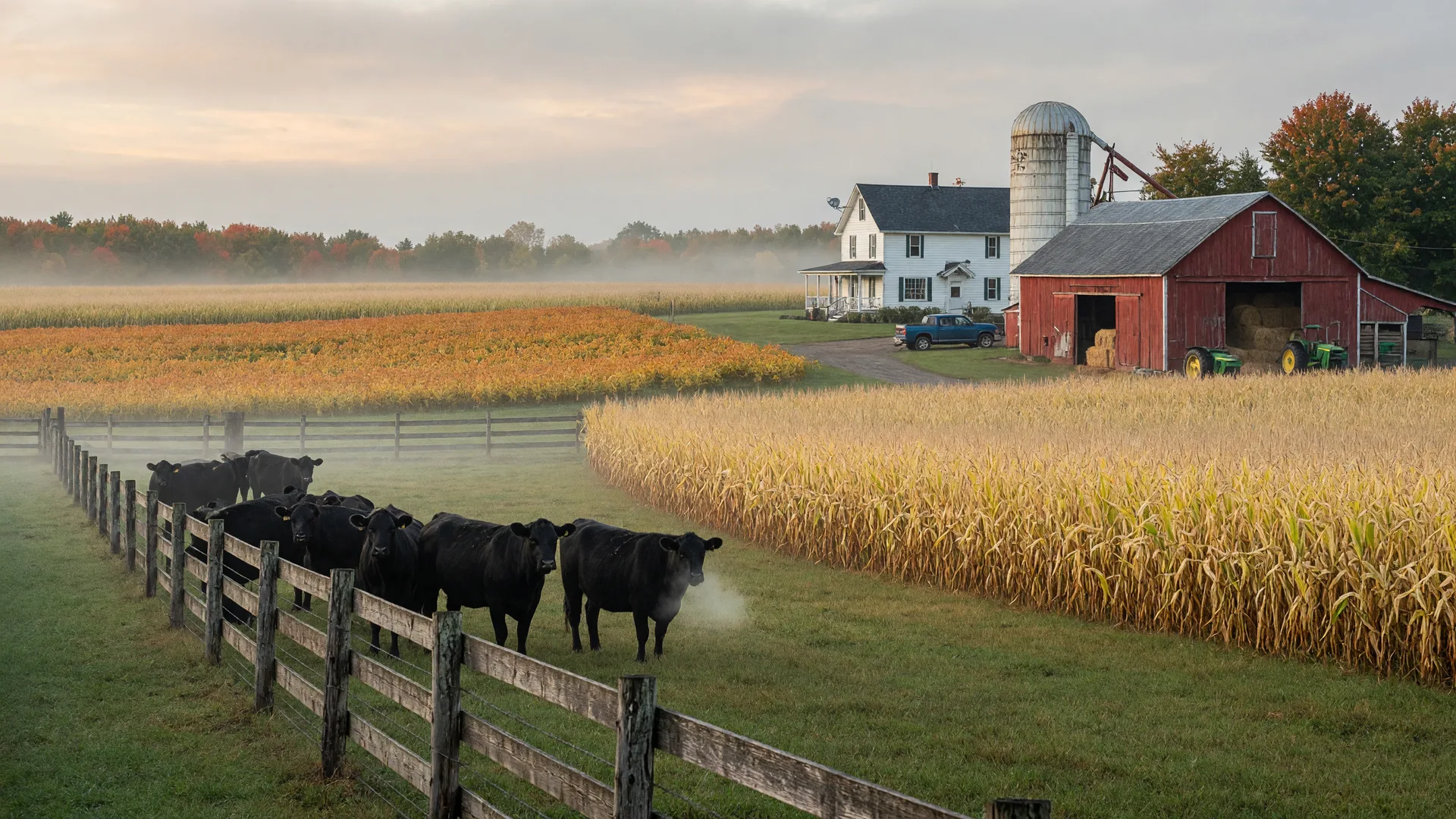 Cinematic wide view of a Wisconsin farm on a misty September morning with black angus cattle on fenced pasture in the foreground, golden corn in a field on the right, and an amber soybean field rising behind a red barn and white farmhouse