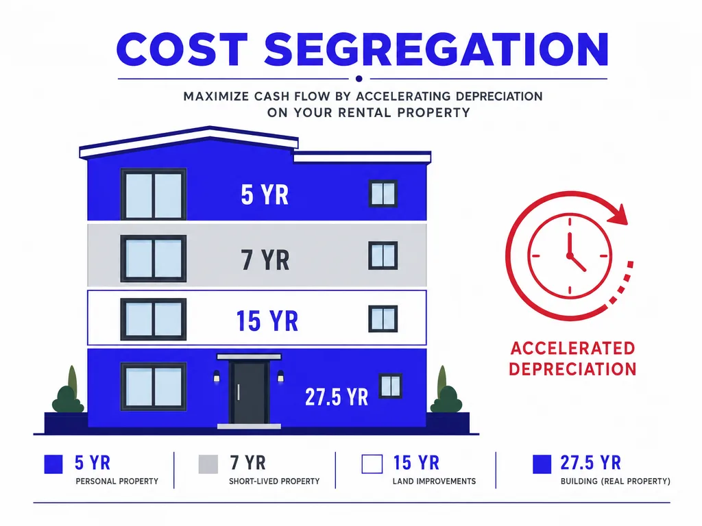 Cost segregation infographic showing one building split into 5, 7, 15, and 27.5 year depreciation classes with a clock icon