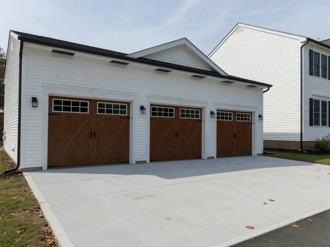 Three-car attached garage of a colonial home