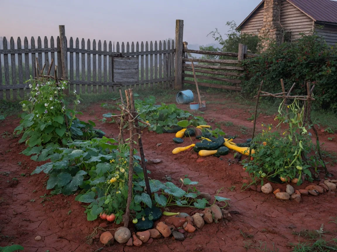Rustic 19th-century north Georgia farm kitchen garden with rows of vegetables in red clay soil, wooden fence, and soft morning light