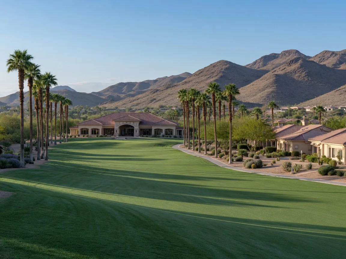 Golf fairway leading to a clubhouse in Sun City Anthem, Henderson Nevada