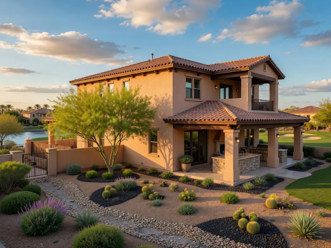 A newer two-story stucco luxury estate in Gilbert, Arizona with a covered patio, outdoor kitchen, desert landscaping, and a golf course view