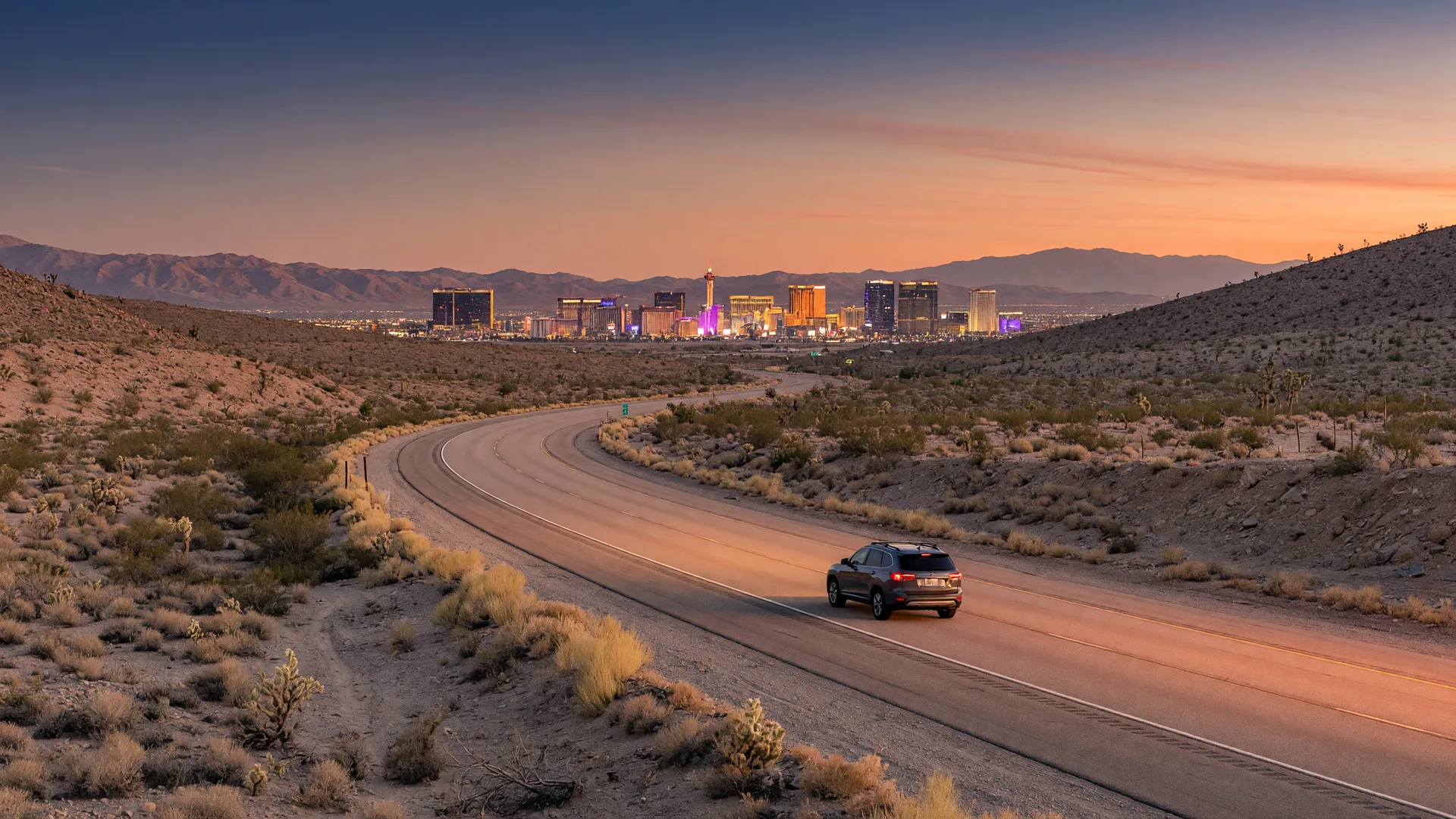 A desert highway curving toward the Las Vegas skyline at golden hour, the route Palmdale residents drive up the 14 and I-15