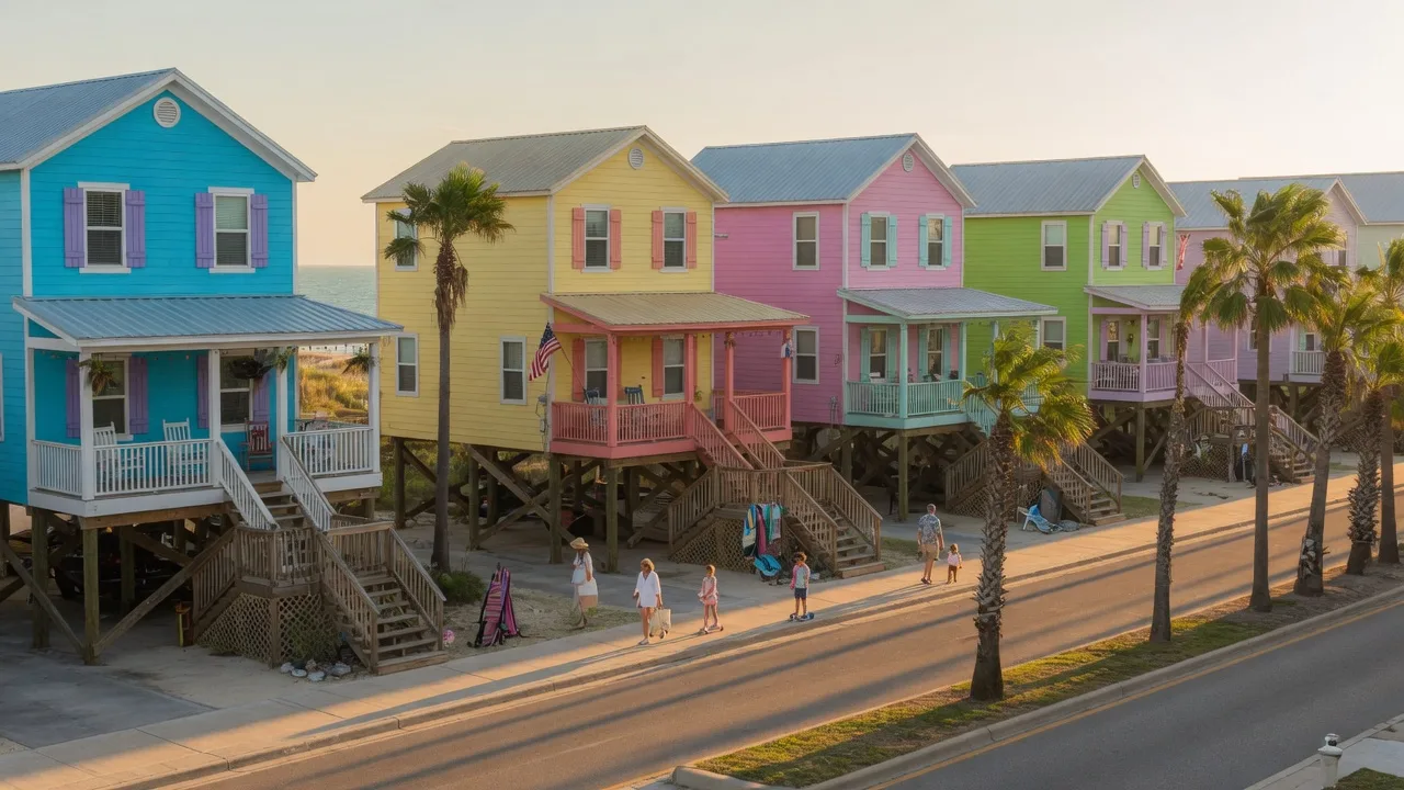 Colorful coastal cottages on a walkable street in Texas Gulf Coast style