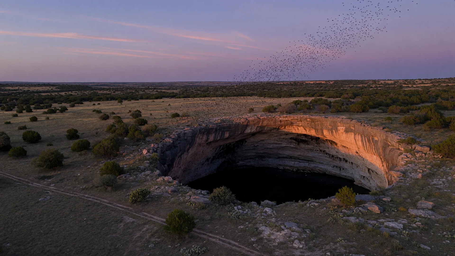 Aerial view of a vast circular limestone sinkhole opening in the scrubby Edwards Plateau rangeland near Rocksprings at dusk, with a thin stream of bats spiraling up from the dark mouth