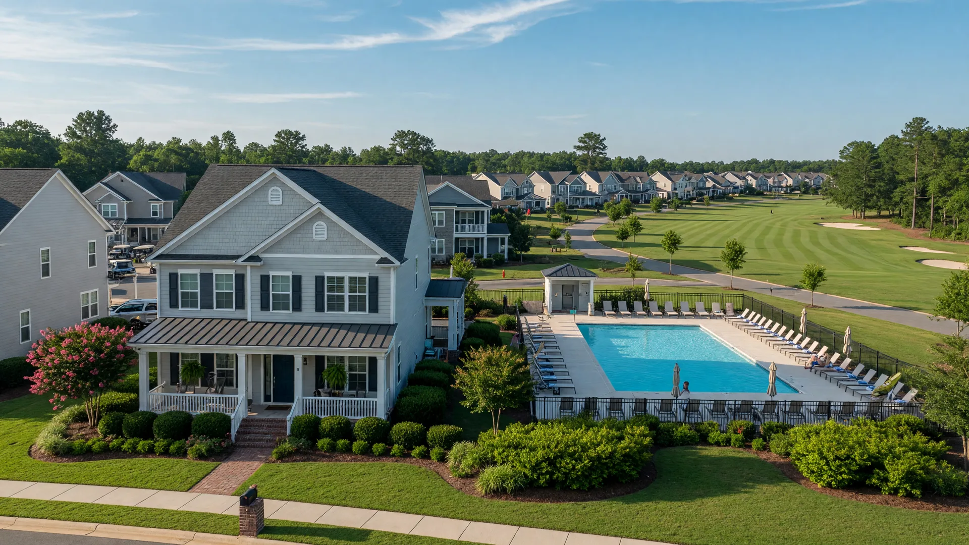 A golf fairway and single-family homes in the Springfield golf community of Fort Mill, South Carolina