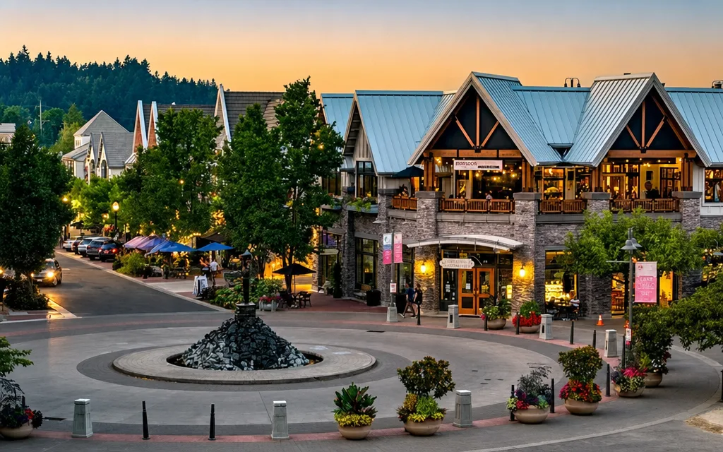Twilight view of a commercial plaza town center with warm glowing storefronts and evening atmosphere