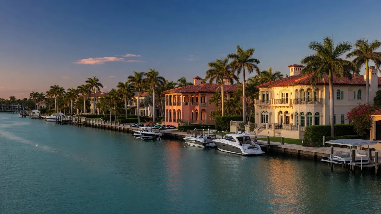 Golden-hour view of Boca Raton waterfront estates along the Intracoastal Waterway