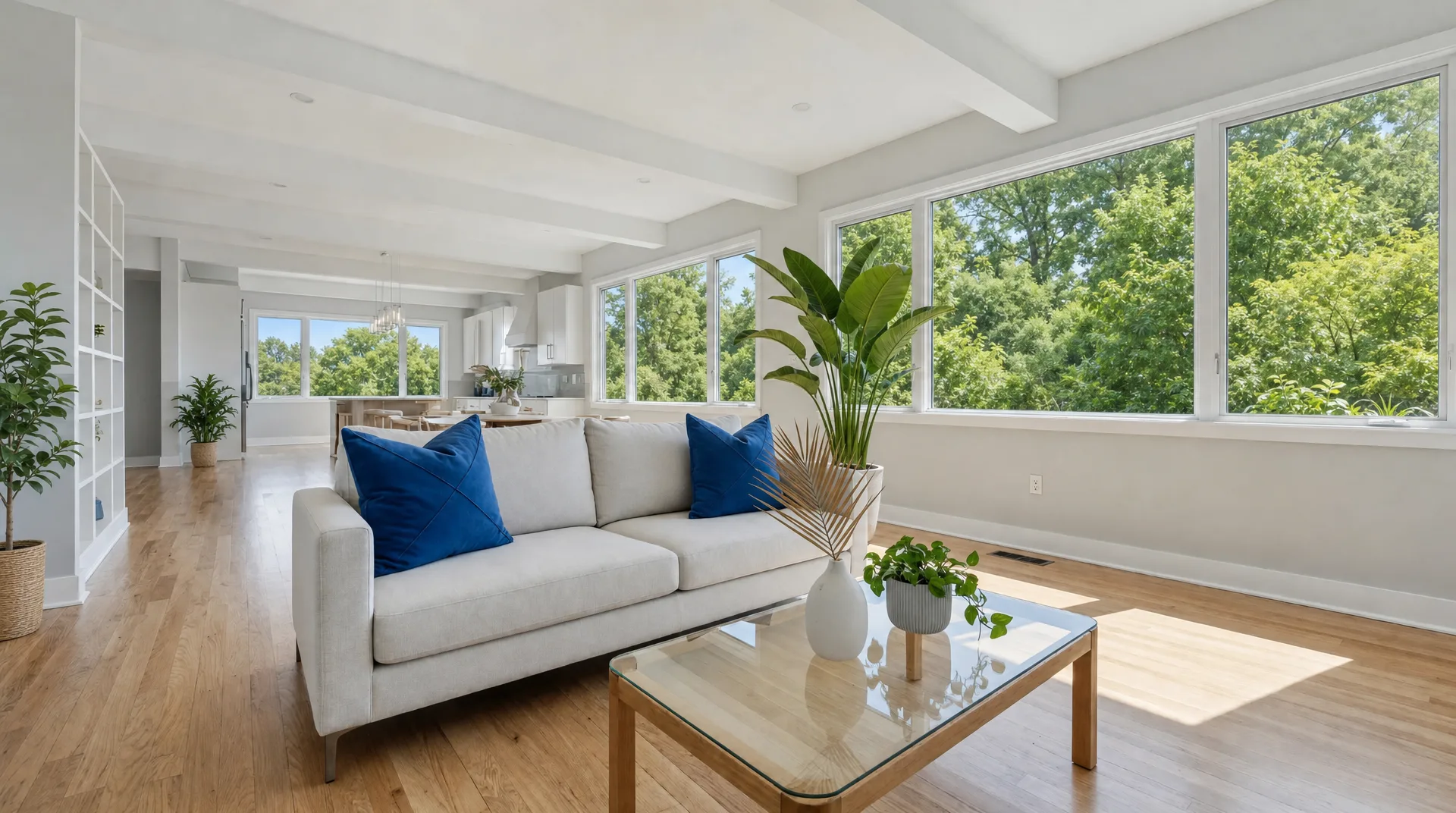 A bright modern open-concept living room with floor-to-ceiling windows, greenery outside, and indoor potted plants
