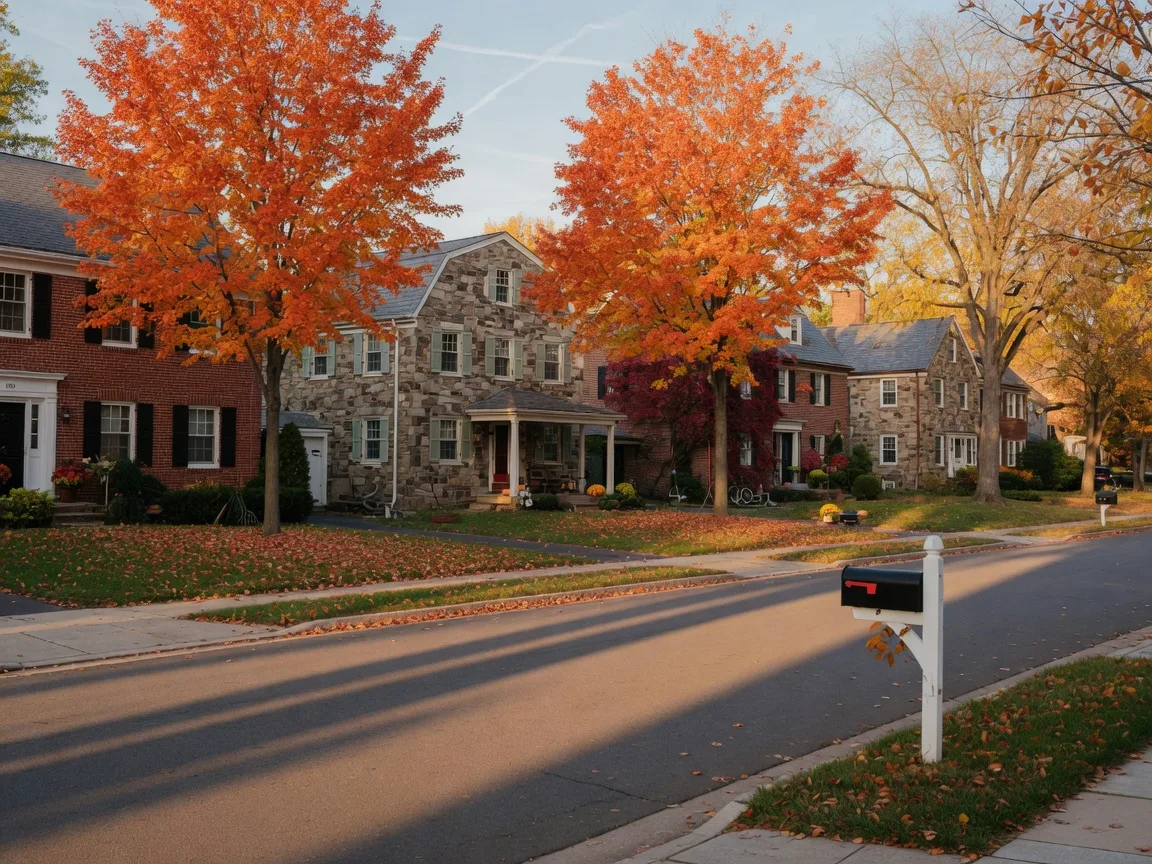 Established DC suburb street on a golden autumn afternoon with brick and fieldstone colonial homes set back on tidy lawns, orange and red maples overhead, a mailbox at the curb, and long shadows across the road