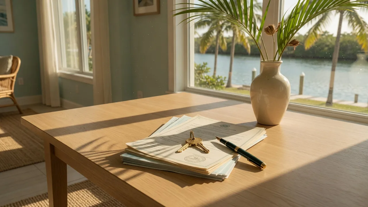 A brass house key and a fountain pen resting on a stack of real estate documents on a light oak table by a sunlit window overlooking palm trees and a calm canal