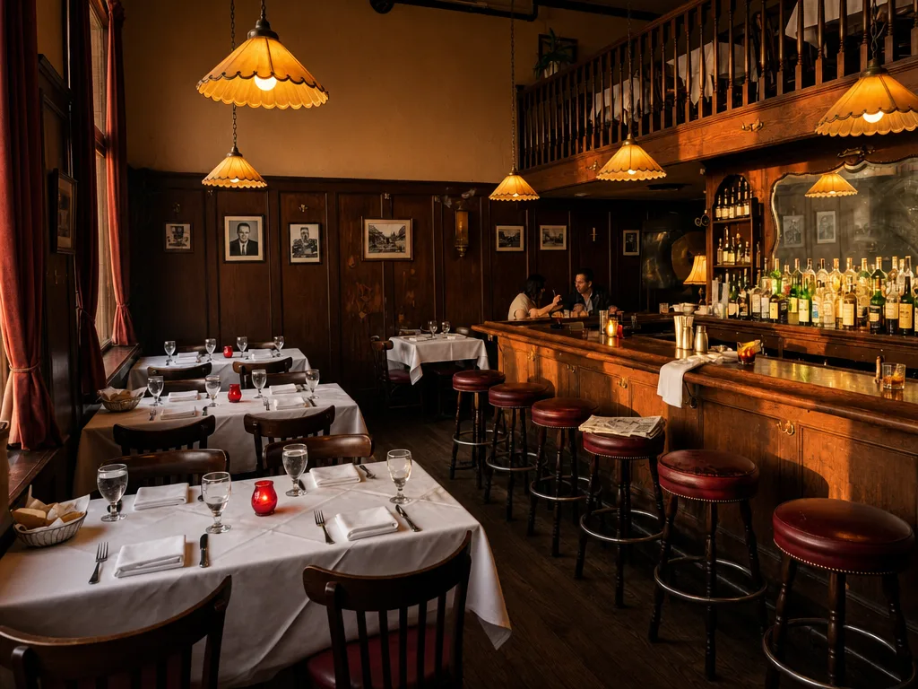 Classic American steakhouse interior at Stubrik's in downtown Fullerton with warm dark wood paneling, white tablecloths, candlelit ambiance, and long wooden bar