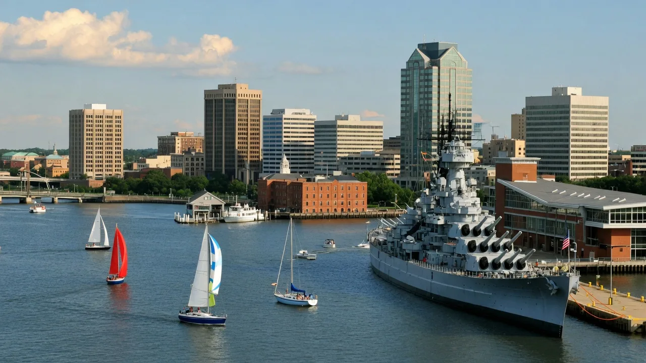 Hampton Roads waterfront and downtown Norfolk skyline with USS Wisconsin battleship and sailboats on the Elizabeth River