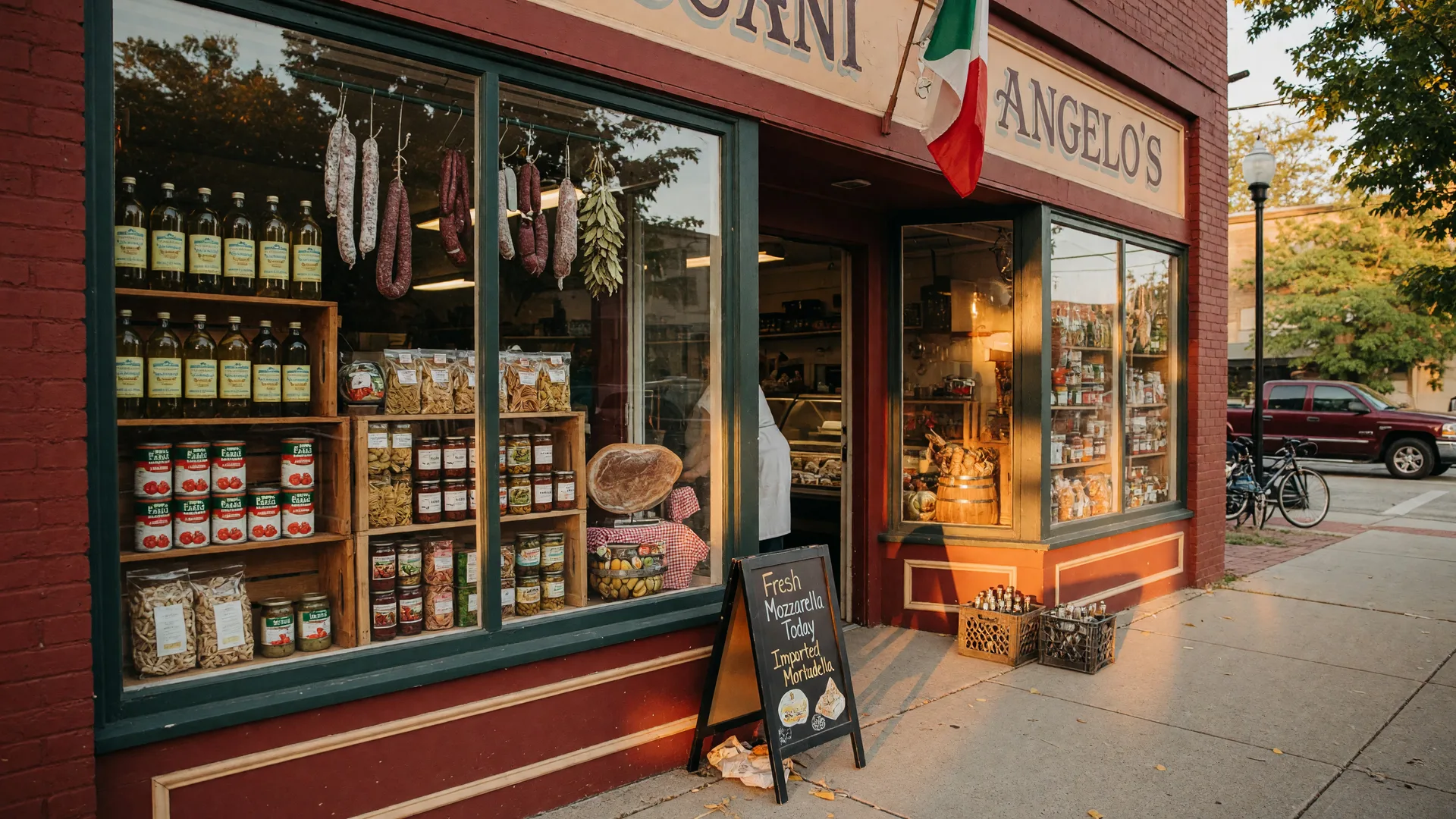 Angelo's Italian Market in downtown Fishers Indiana — a warm Italian market storefront with display windows showing imported olive oil, hanging salami, and wooden shelves of pasta, bathed in golden-hour light