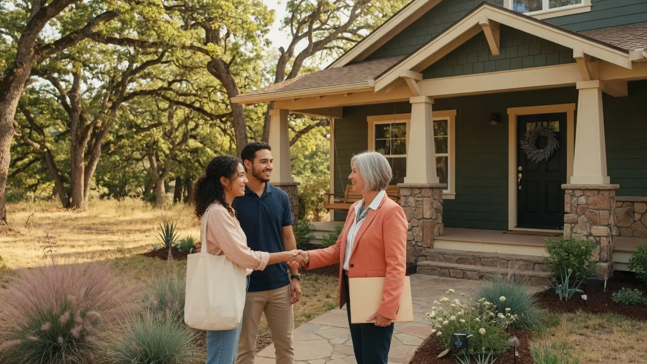 A couple shaking hands with a real estate agent in front of a newly built craftsman-style home in Southern Oregon on a sunny afternoon