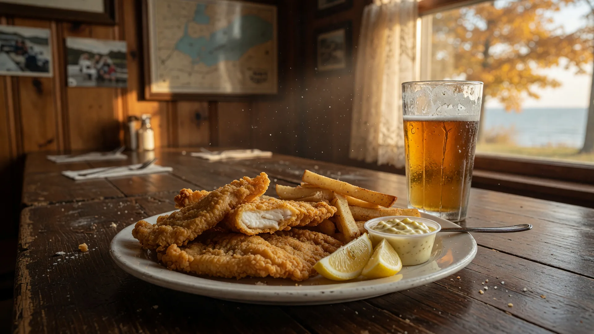 A golden fried Lake Erie perch dinner with fries, tartar sauce, and lemon on a wooden tavern table