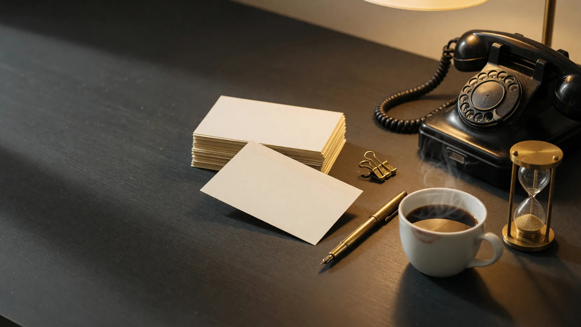 A charcoal desk with a neat stack of cream index cards, one card pulled slightly forward, a brass paperclip, a gold pen, a black desk telephone, a steaming coffee cup and a small brass hourglass in warm lamplight, the tools of the Engaged but Hesitant bucket