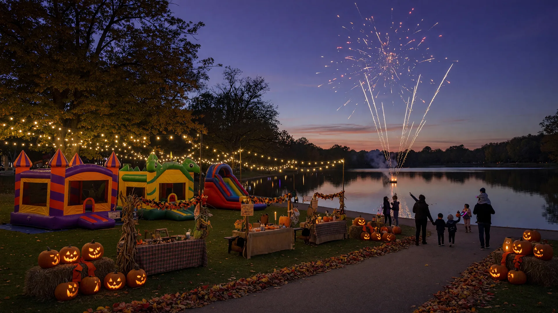 Evening fall festival at a lakeside park with bounce houses, activity booths, jack-o-lanterns, hay bales, glowing string lights, and the first fireworks trails over the water at dusk
