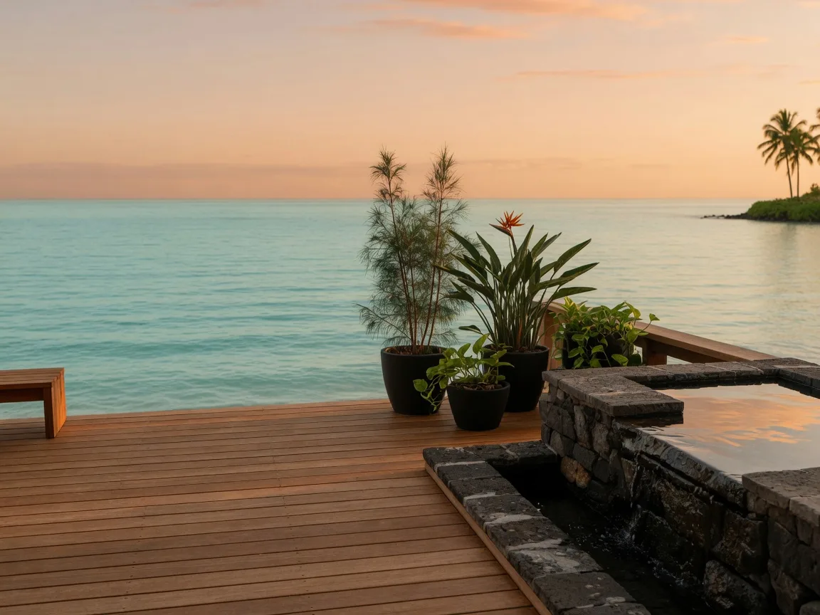 Open-air wellness deck at the Spa at Mauna Kea, looking out over the Kohala Coast